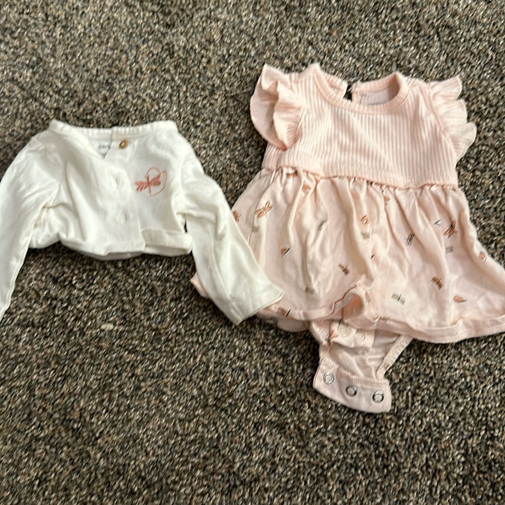 Carter’s dragonfly NB pink onesie dress with sweater